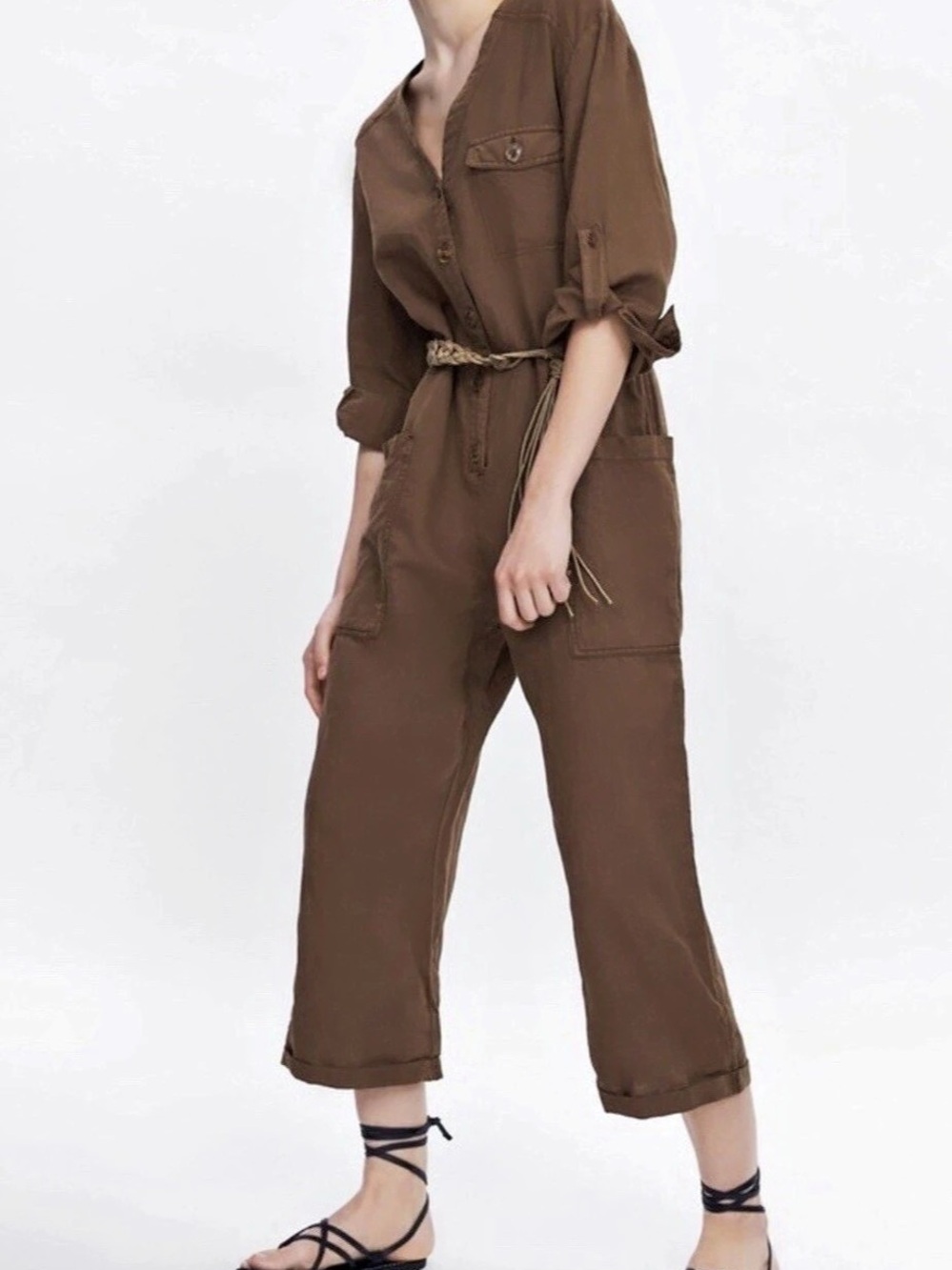 Zara Long Jumpsuit with Belt Brown Utility Jumpsuit